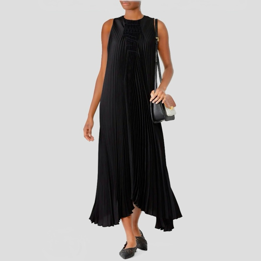 Vince Hand Smocked Pleated Sleeveless Midi Dress